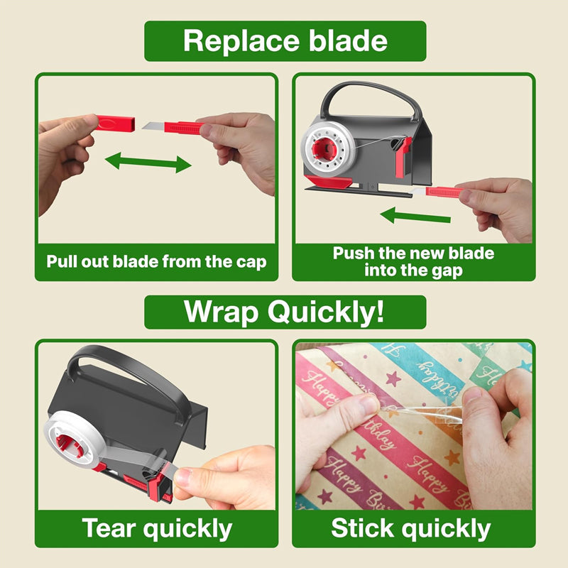 2-Pack) Wrapping Paper Cutter & Tape Dispenser Dual Use With 4 Tapes,2 Replace Blades Kit For Christmas Gift Wrap Cutter Tool Paper Roll Holder Tube Sliding Slicing For Birthday Holiday - View #7