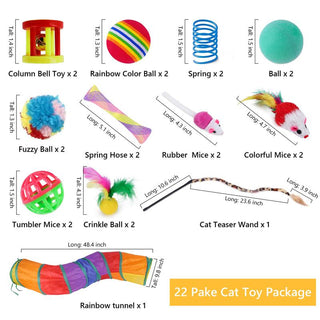 Cat Toys Interactive Play Set – 22PCS Value Pack with Cat Tunnel, Feather Wand, Jingle Bell Balls, Crinkle Balls, Rainbow Balls, Colorful Mice, Springs, Sisal Toys, and Feather Accessories | Engaging Interactive Cat Toy Kit for Indoor Cats and Kittens
