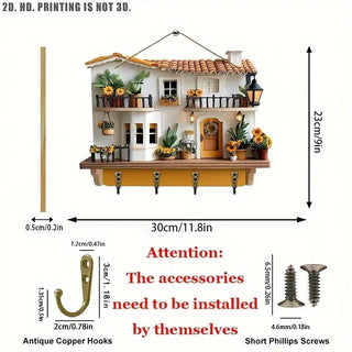Sunflower Cottage Wooden Key Holder, Wall-Mounted Rustic Home Organizer with 4 Sturdy Metal Hooks, Realistic Sunflower Cottage Design, Durable High-Quality Wood Construction, Vibrant HD Printing, Lightweight and Easy to Hang, Multi-Functional Storage for Keys, Kitchen Utensils, Accessories, and Small Household Items, Antique Copper Hooks
