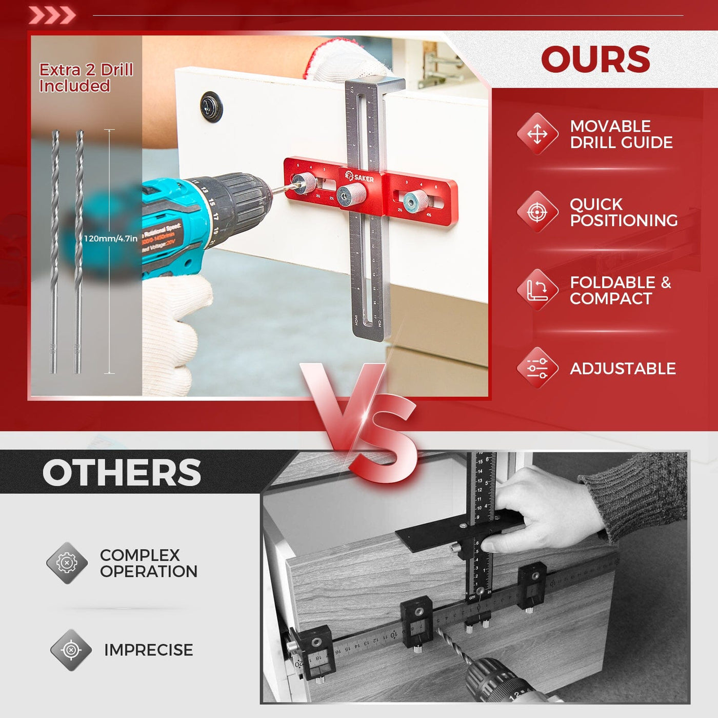 Cabinet Hinge And Handle Positioning Jig 2-in-1 Cabinet Door Installation Jig - Adjustable Positioning Tool For Hinge & Handle Placement | Includes 3 Drill Bits & Adapters Aluminum Alloy Cabinet Hardware Tool