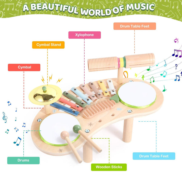 Sakerplus® 7 In 1 Wooden Kids Drum Set