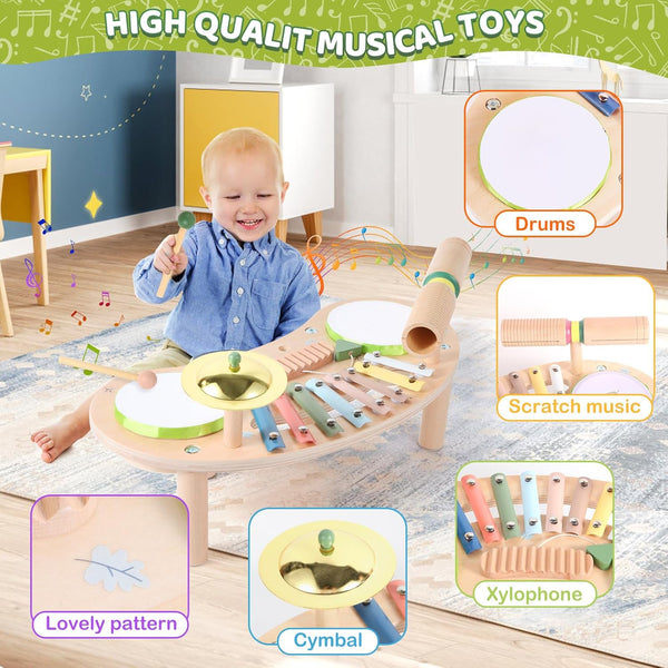 Sakerplus® 7 In 1 Wooden Kids Drum Set