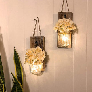 Mason Jars Rustic Wall Lamp With Silk Hydrangea